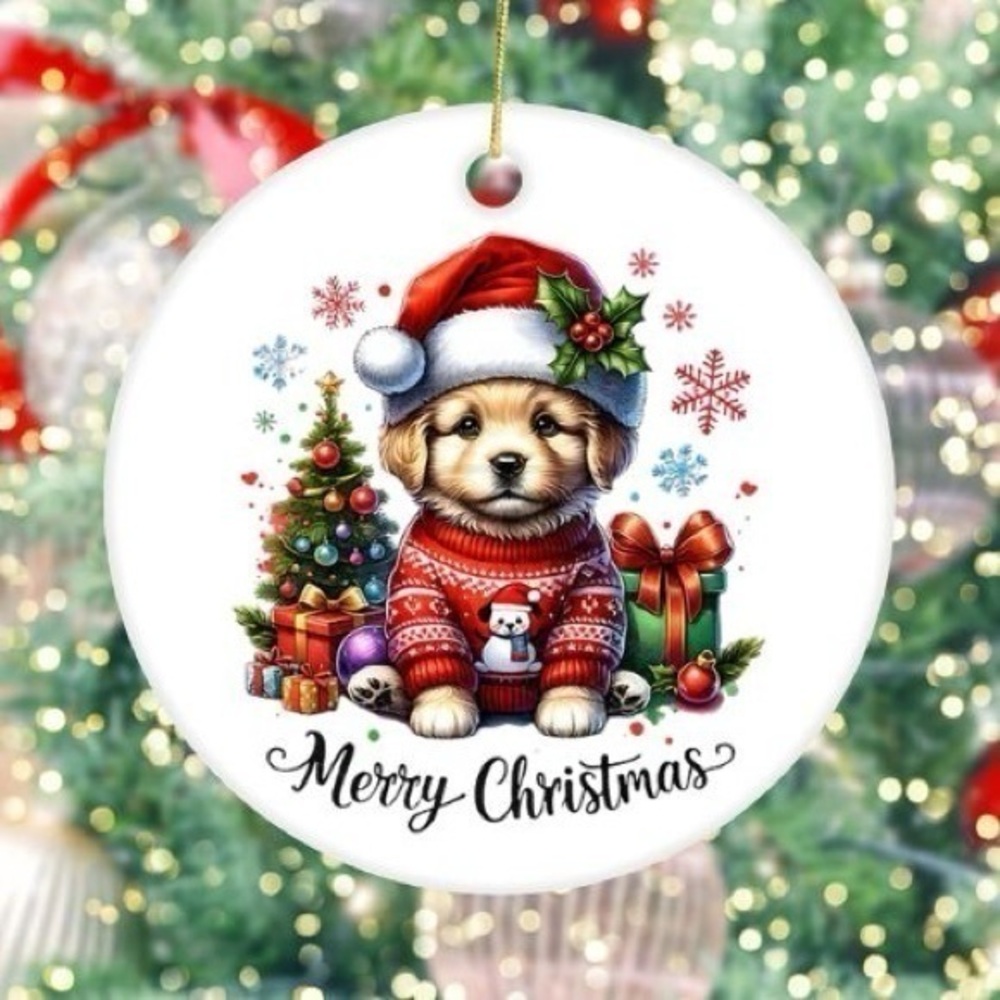 Merry Christmas Puppy Dog White Ceramic Christmas Ornament